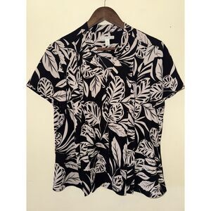 Dana Buchman Women’s Large Tropical Monstera Palm Leaf Button Down Blouse Black